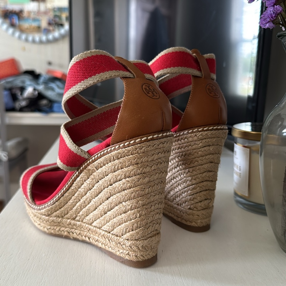 Tory Burch Red and Beige Wedge Sandals - Picture 3 of 5